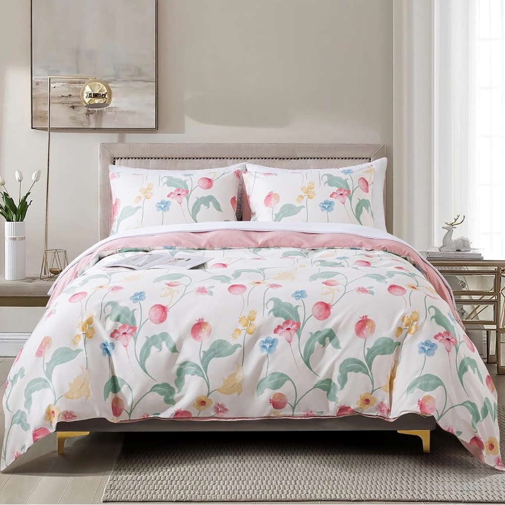 💯 COTTON Floral Garden Cotton Duvet Cover Set in Pink and Green